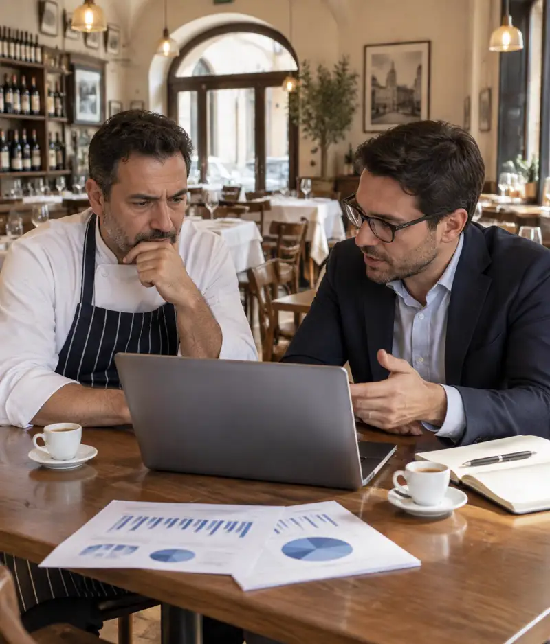 Ristoratore e consulente che analizzano i conti del locale