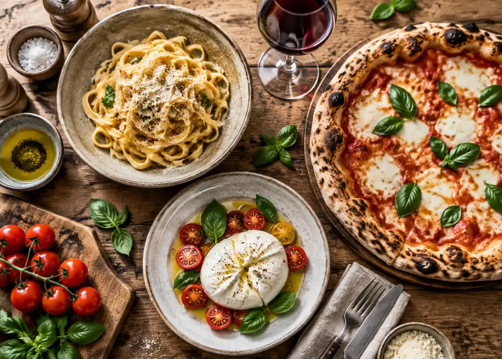 Pasta, pizza margherita e burrata su un tavolo rustico