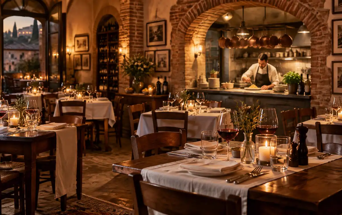 Sala di una trattoria italiana illuminata a candela